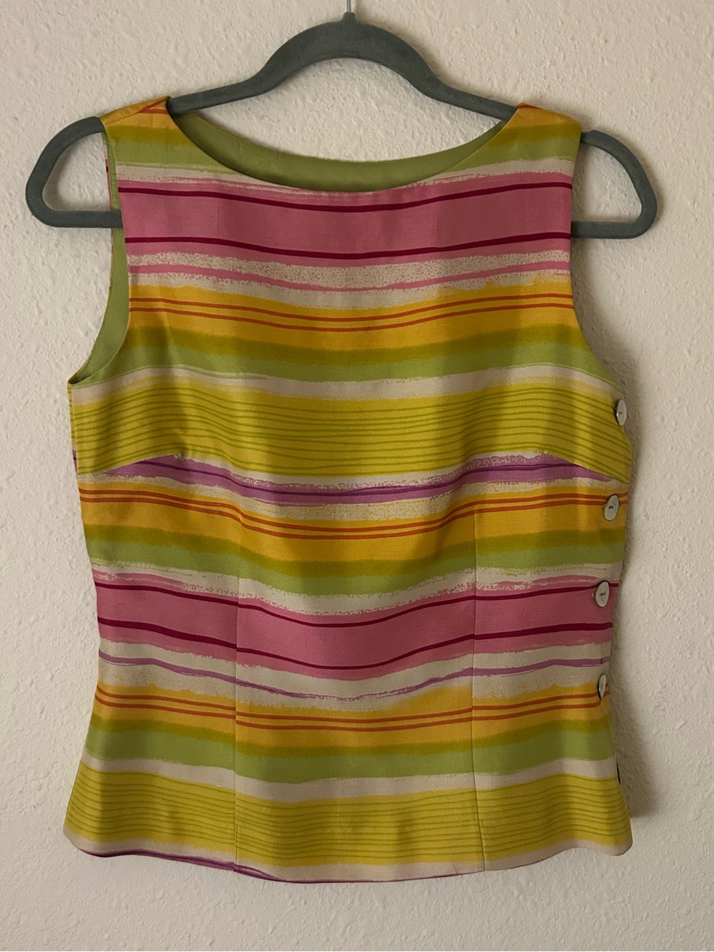 Vintage Silk Colorful Striped Sleeveless Top - Pink, Yellow & Green